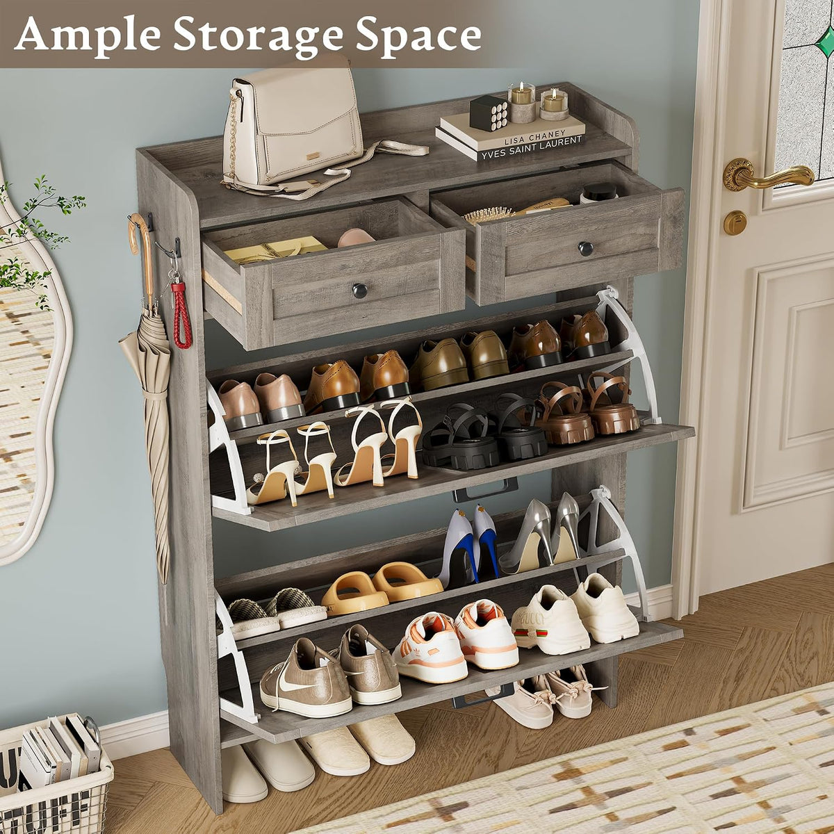 BORNOON Shoe Storage Cabinet for Entryway, Farmhouse Narrow Shoe Cabinet with...
