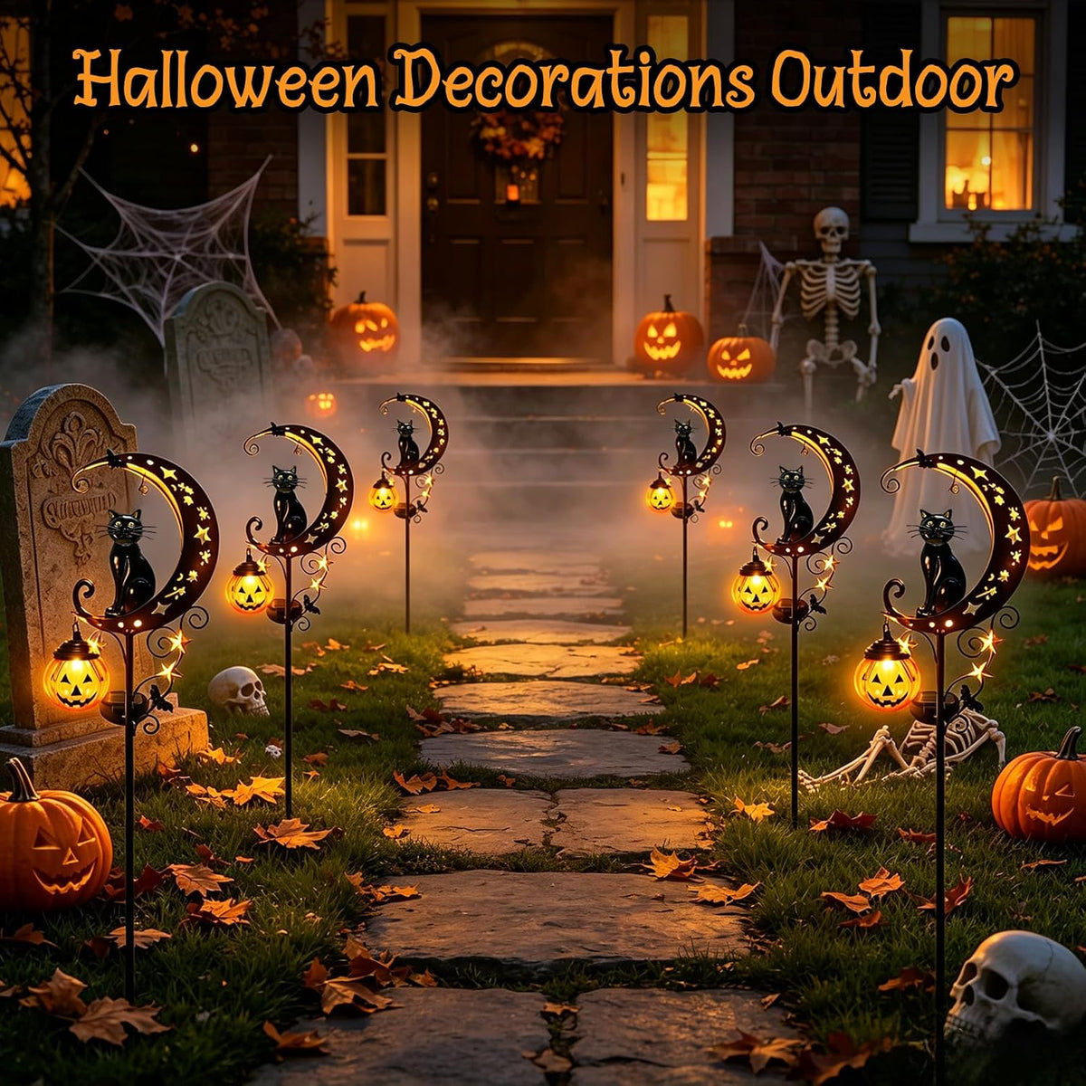 Solar Halloween Black Cat Pumpkin Moon Garden Stake Light Outdoor Decor