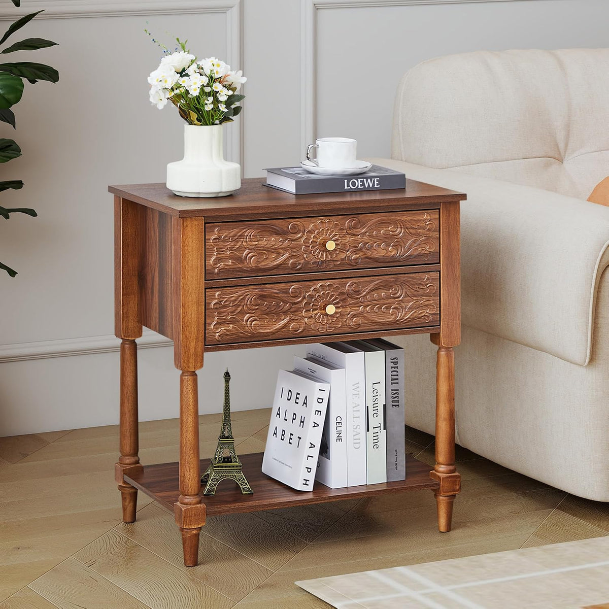 Nightstand, Farmhouse Bedside Table with 2 Drawers and Open Shelf