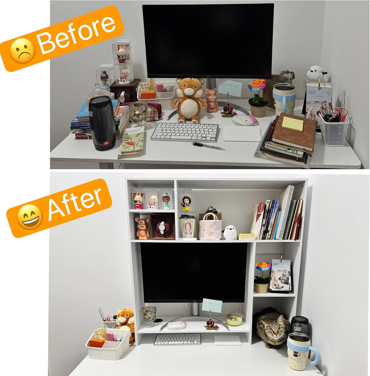 Modern Wooden Desktop Bookshelf Hutch, White Desk Organizer with 7 Shelves fo...