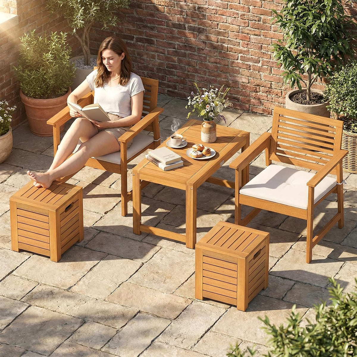 tangkula acacia wood outdoor coffee table with stools, view 9