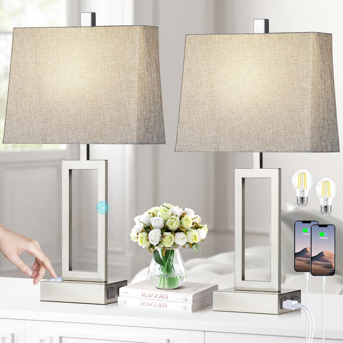 Rinweey 23.5" Touch Control Table Lamps Set of 2, Modern Silver Bedside ...