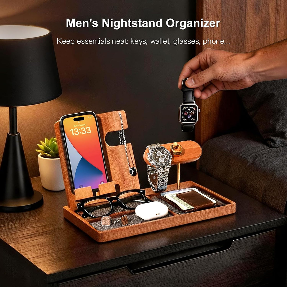 Wood Nightstand Organizer for Men, Gift for Dad Husband, EDC Tray