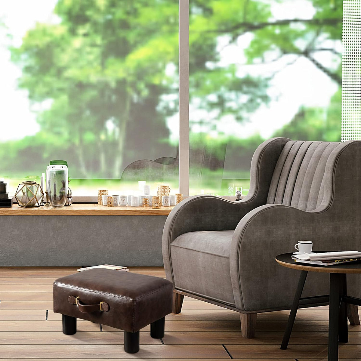 Small Foot Stool with Handle, Brown Faux Leather Short Foot Stool Rest, Recta...