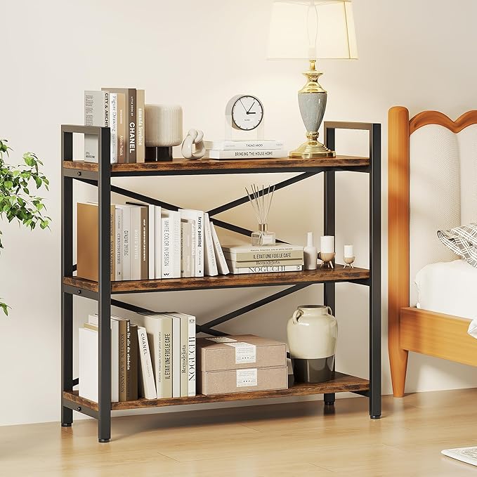 3 Tier Bookshelf 31.49" Width, Wood and Metal Etagere Bookcase, Vintage - Image 4