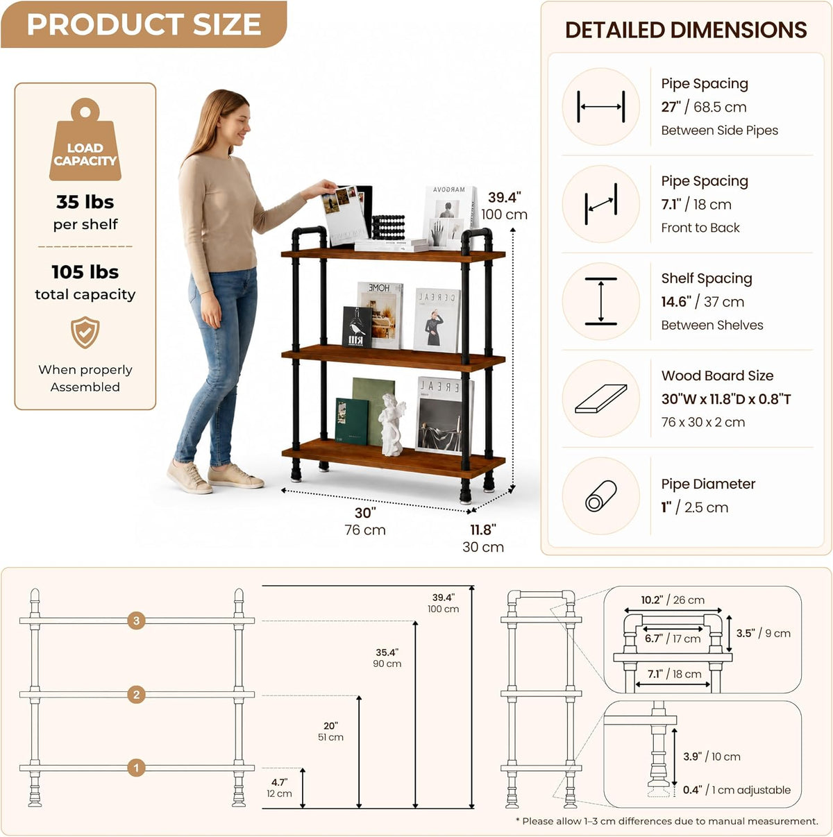 Industrial Bookshelf, Pipe Shelf Bookcase, 3 Tier, 30" Rustic Brown