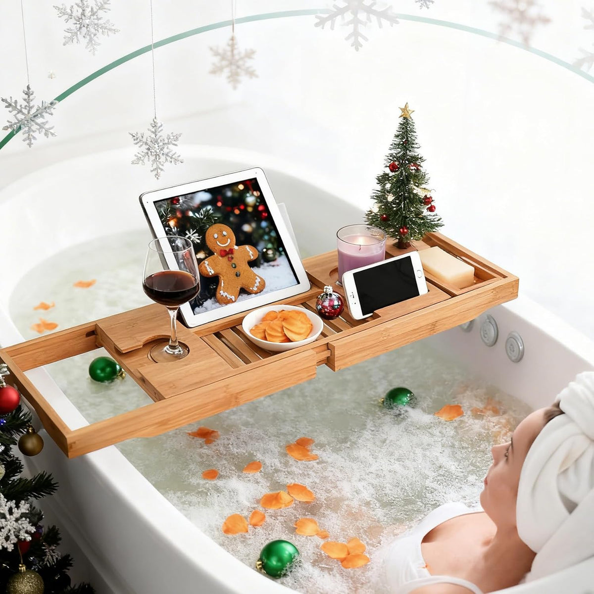 Utoplike Bamboo Bathtub Caddy Tray for Tub, Adjustable Bath Table