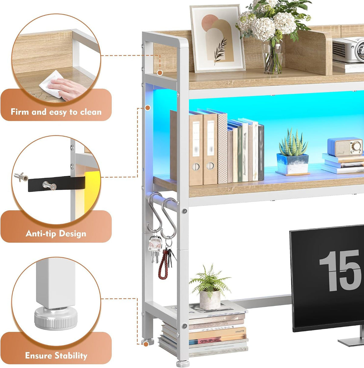 REIBII 2-Tier Desk Shelf, LED, Bedroom and Home Office, White