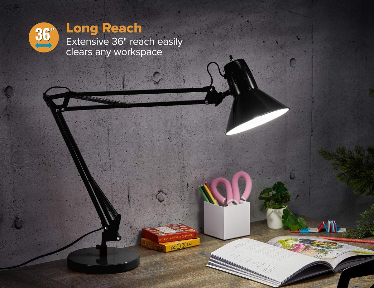 bostitch office vlf100d swing arm desk lamp, metal shown in use