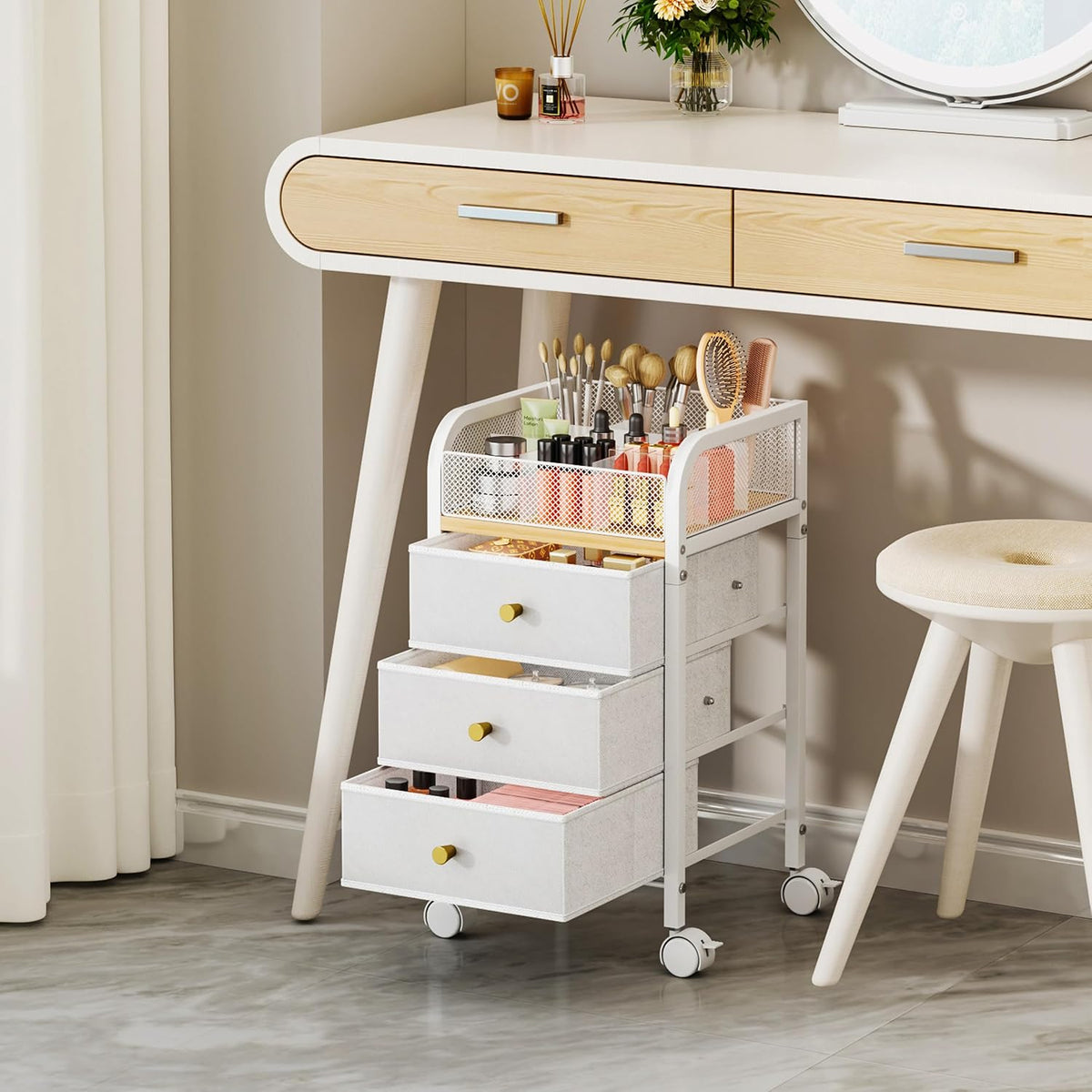 SWTYMIKI Rolling Makeup Organizer Cart - Under Desk Vanity Makeup Storage wit...