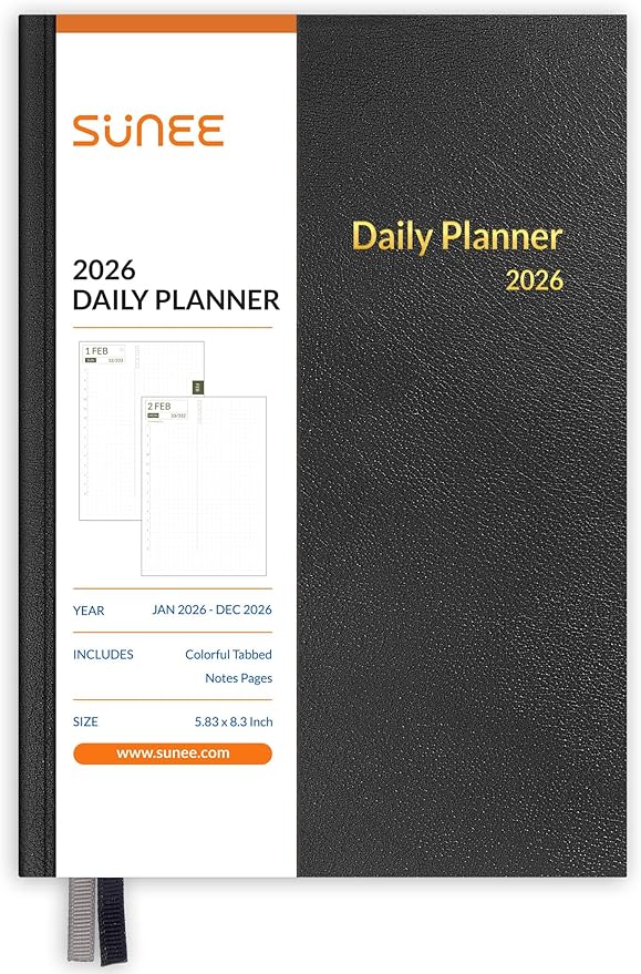 SUNEE 2026 Daily Planner A5 Hardcover – Hourly Schedule Organizer by SUNEE
