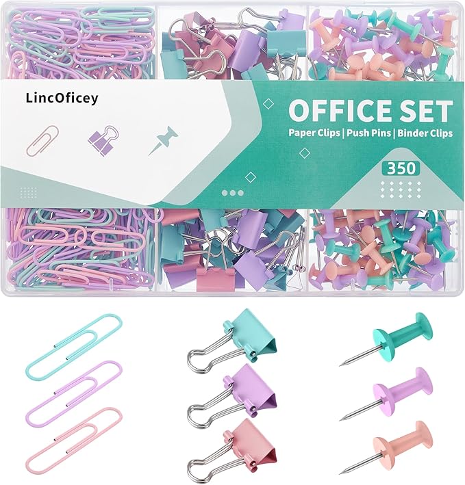 LincOficey 350pcs Paper Clips Binder Clips and Push Pins Set, Small Clips by Unknown