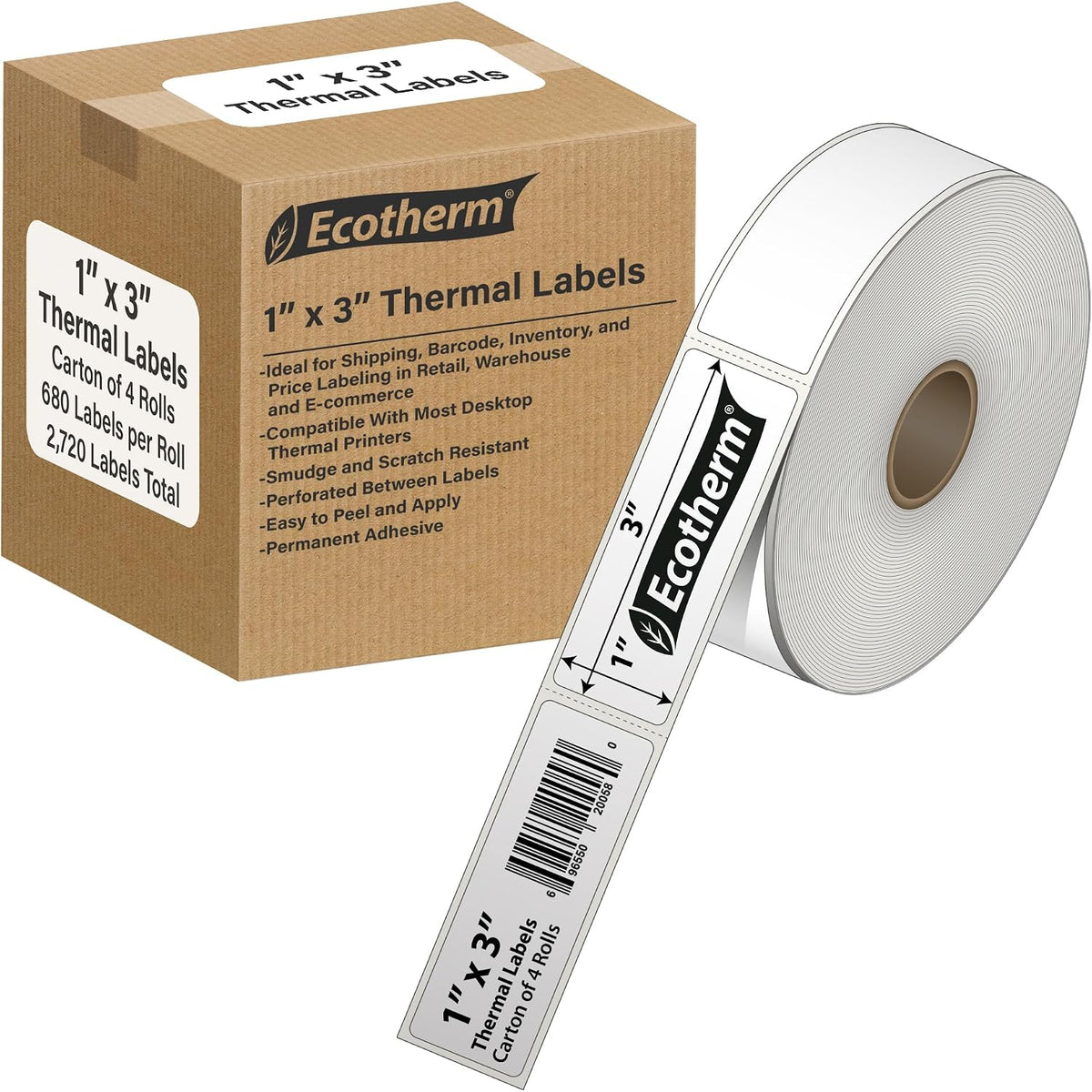 1" x 3" Thermal Labels | 4 Rolls | 2720 Labels | fits Zebra, Offnova Thermal