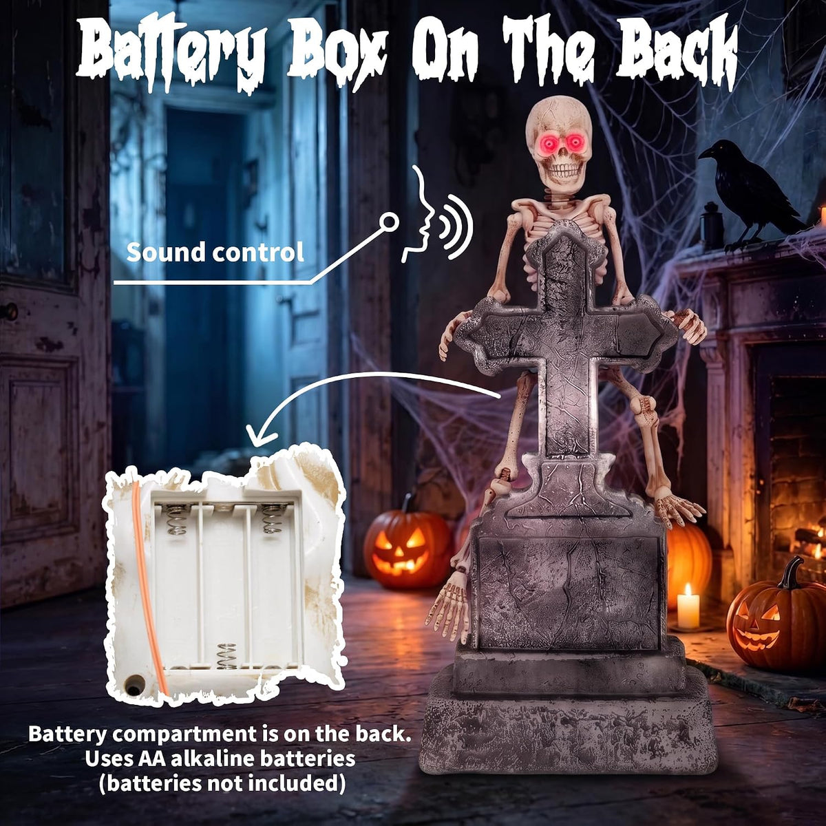 46" Halloween Animatronic Tombstone Decor, Sound‑Activated Swaying Skeleton