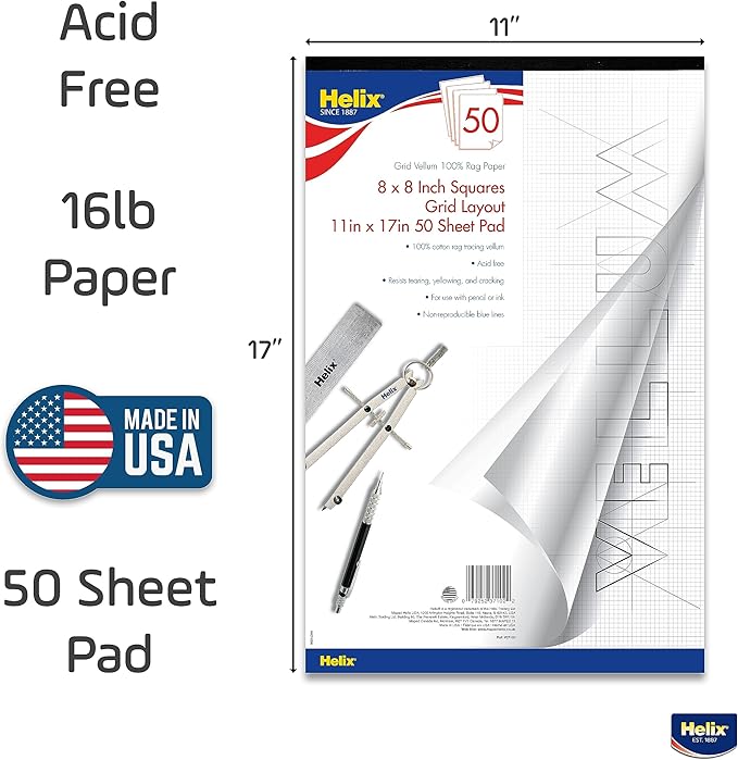 Helix - 100% Rag Vellum Paper Pad - 1 Inch Equals 8x8 Grid - 11 Inch x 17 Inch - Image 4