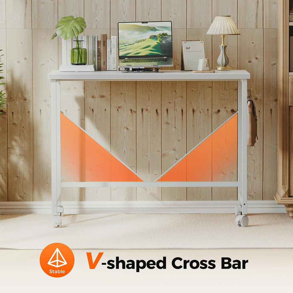 39x20 Inch Computer Desk with Wheels, Small Simple Rolling Desk | Writing Table for Home Office Bedroom Work Study, White