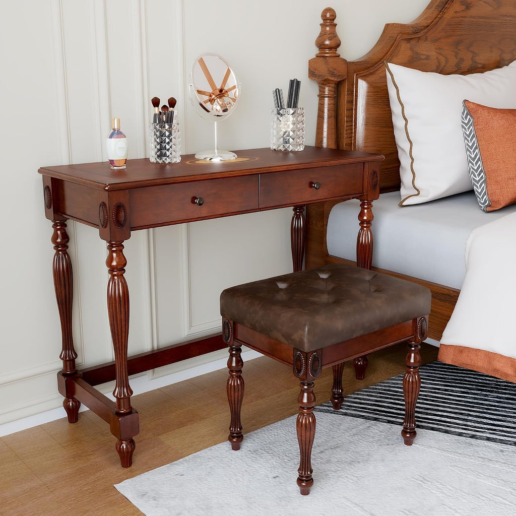 Wood Writing Desk Stool Set, Small Secretary Desk Set-Cheery&Brown | Vintage Vanity Makeup Table Set, 39.4" W Wood Computer Desk Chair Set for Home Office, 2 Drawers Desk&Button-tufted Stool Set