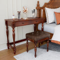 Wood Writing Desk Stool Set, Small Secretary Desk Set-Cheery&Brown | Vintage Vanity Makeup Table Set, 39.4" W Wood Computer Desk Chair Set for Home Office, 2 Drawers Desk&Button-tufted Stool Set