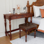 Wood Writing Desk Stool Set, Small Secretary Desk Set-Cheery&Brown | Vintage Vanity Makeup Table Set, 39.4" W Wood Computer Desk Chair Set for Home Office, 2 Drawers Desk&Button-tufted Stool Set