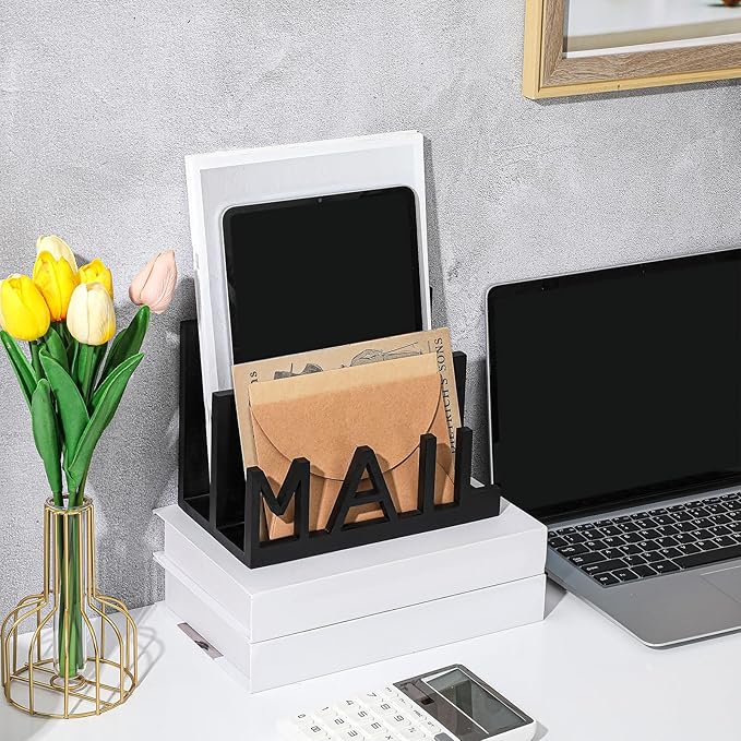 Vercraft 2 Slot Mail Organizer Holder Countertop Wooden Mail Black Letter Holder - Image 5