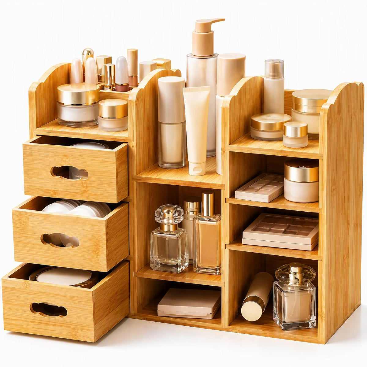 Coloch Bamboo Makeup Organizer with Drawers, Large Cosmetics Storage Shelf fo...