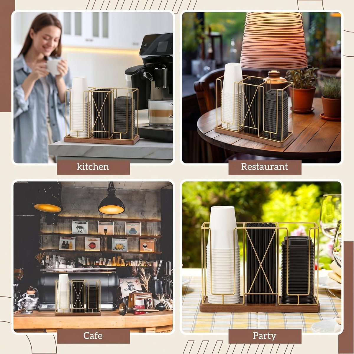 Geelin 18oz Adjustable Coffee Cup Dispenser with Wooden Base, Cup and Lid Hol...