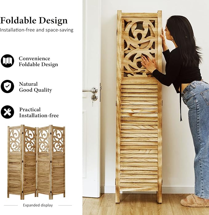 Room Divider Wood Carved Wall Divider Indoor Folding Portable Partition Screen - Image 3