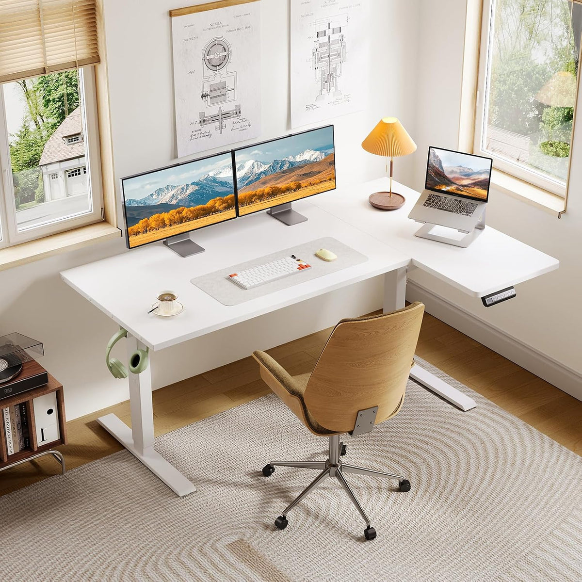 OffiGo 55 Inch Reversible L Shaped Electric Standing Desk, White