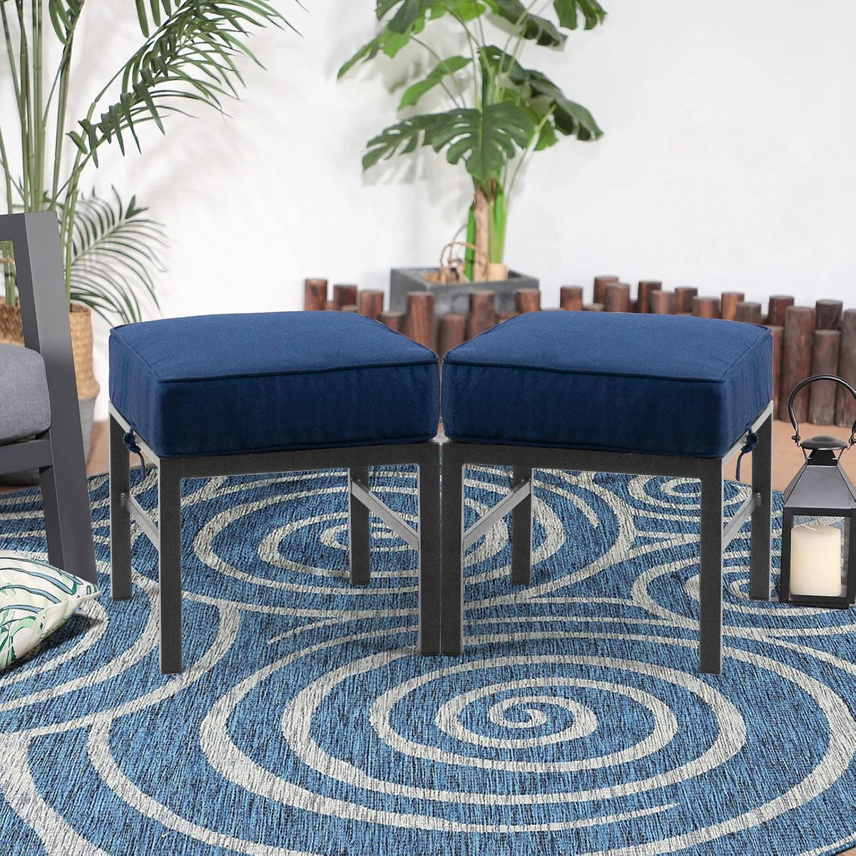 2 Pieces Outdoor Ottomans for Patio, Assembled Patio Ottomans with Bule Cushi...