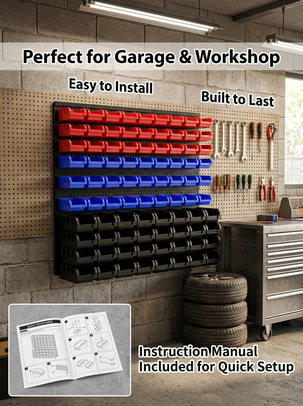 wall mounted storage organizer bins with rack, nuts, front angle view