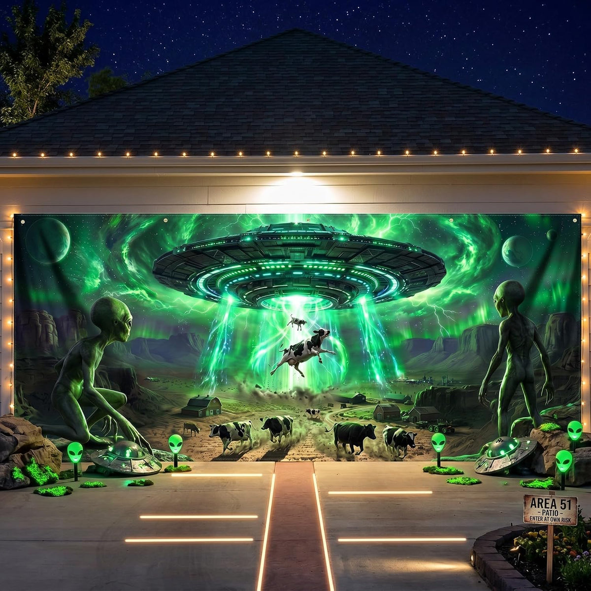 Preboun Alien Abduction Halloween Garage Door Decoration Ufo Cow, 7 x 16 ft