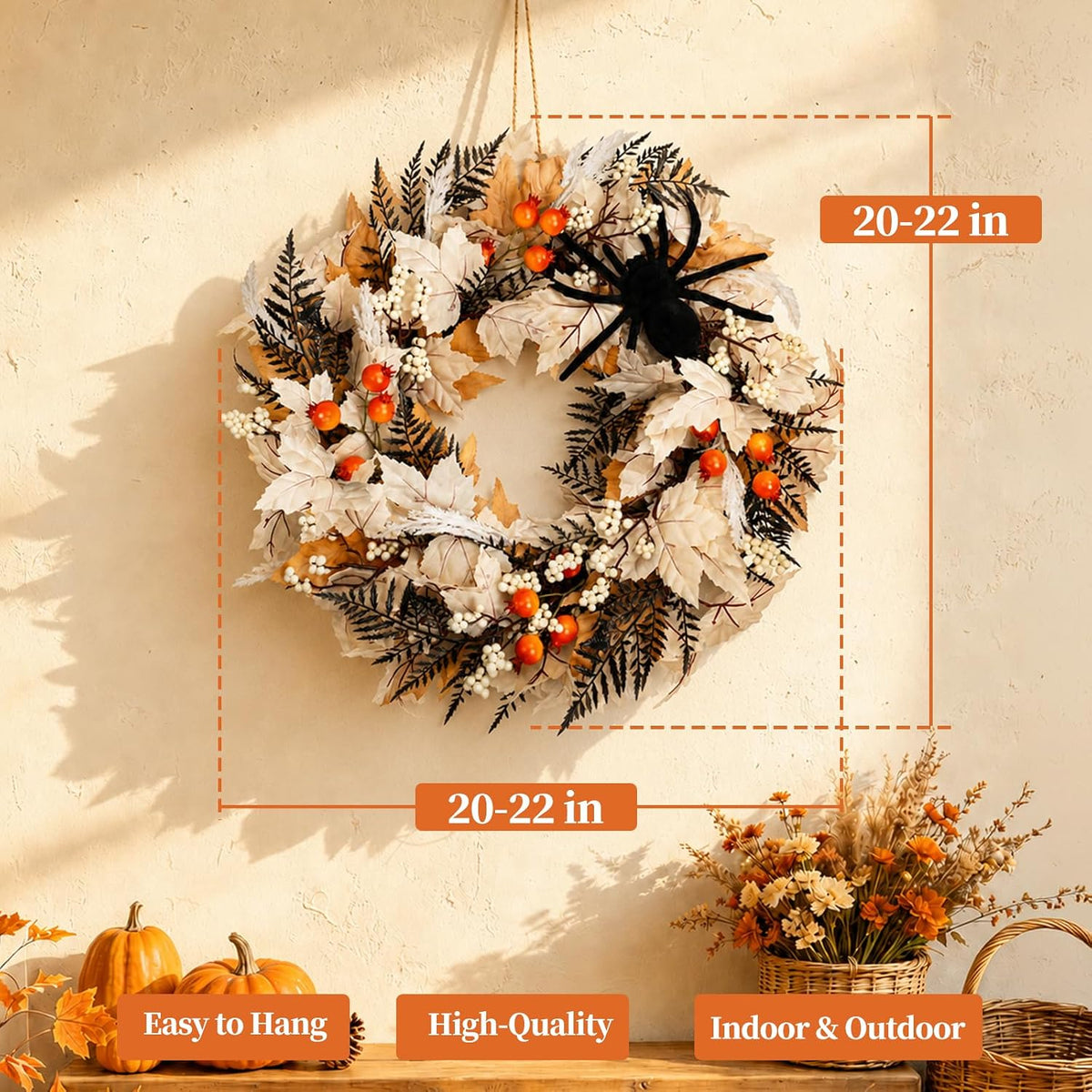 Grooy 22 Inch Halloween Wreath for Front Door with Spider Maple Leaf
