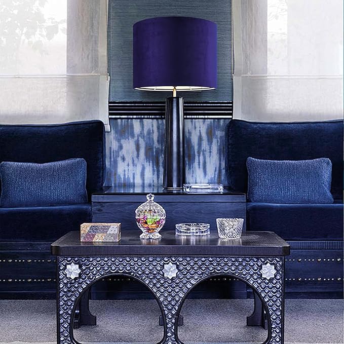 GO&SO Dark Blue Velvet Drum Lamp Shade Set of 2 Medium 13" Top x 13" Bottom x - Image 9