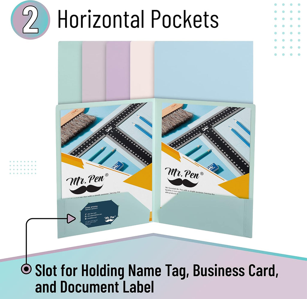 Mr. Pen- Plastic Folders with Pockets, 5 pcs | Aesthetic File Folder with Business Card Slot, 2-Pocket Folder, Back to School, Office, Filing Supplies