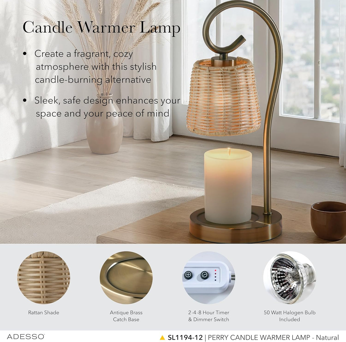 Adesso Candle Warmer Lamp, Antique Brass & Rattan, Dimmable