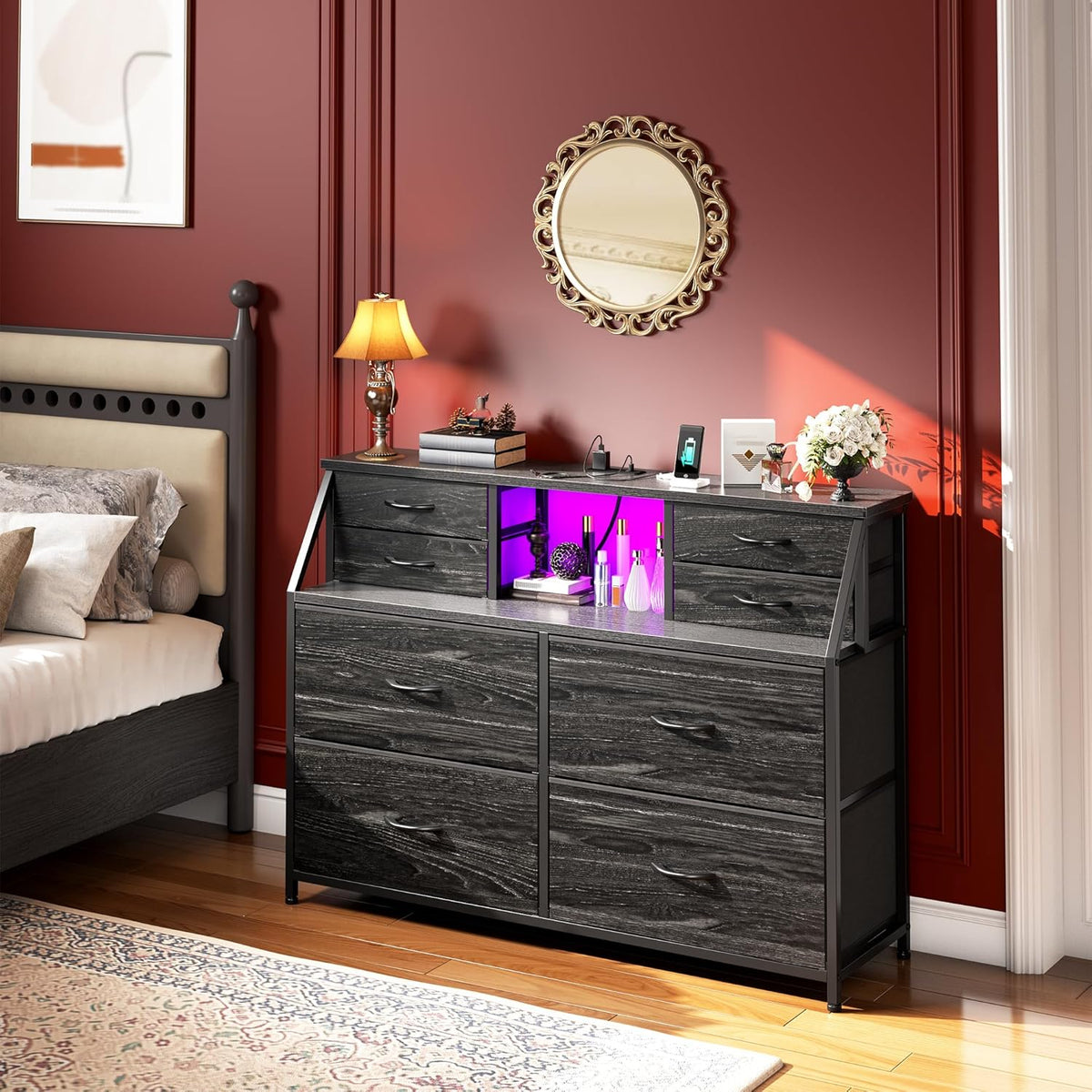 Romorgniz 8-Drawer Dresser with Charging Station & LED, Storage Organizer