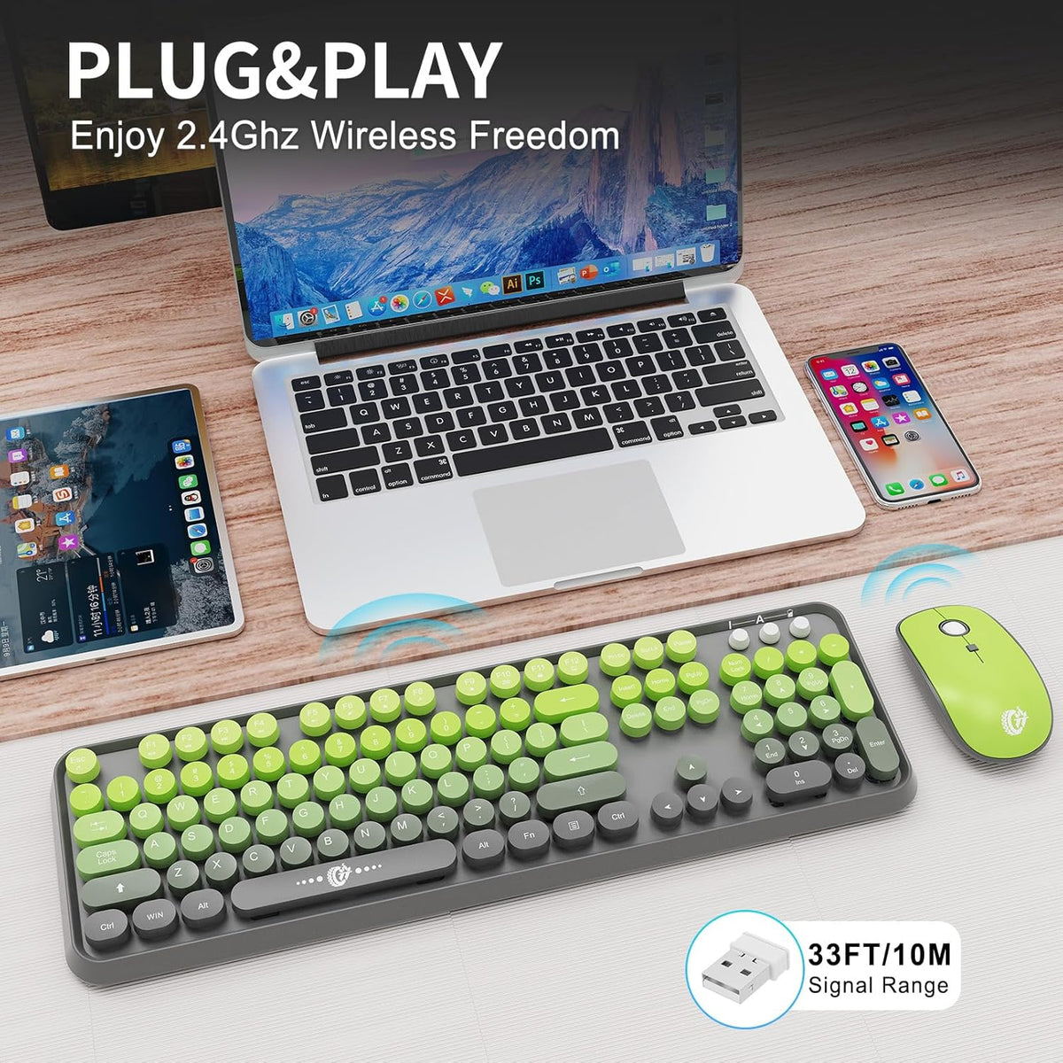 FOPETT Wireless Keyboard and Mouse Combo - 2.4G Full-Sized Cute Colorful Mous...