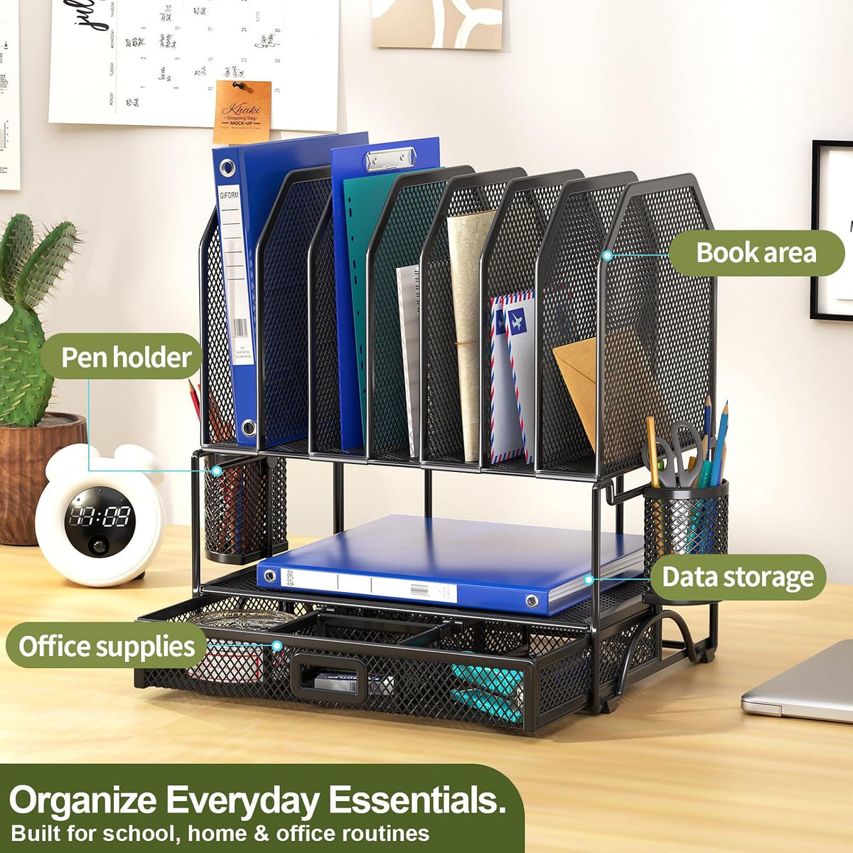 FANXIYQ Metal Desk Organizer with Sliding Drawer, 7-Section File Organizer fo...