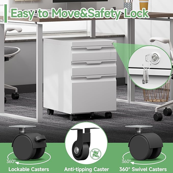 LONGLINK 3 Drawer Mobile File Cabinet - Image 6