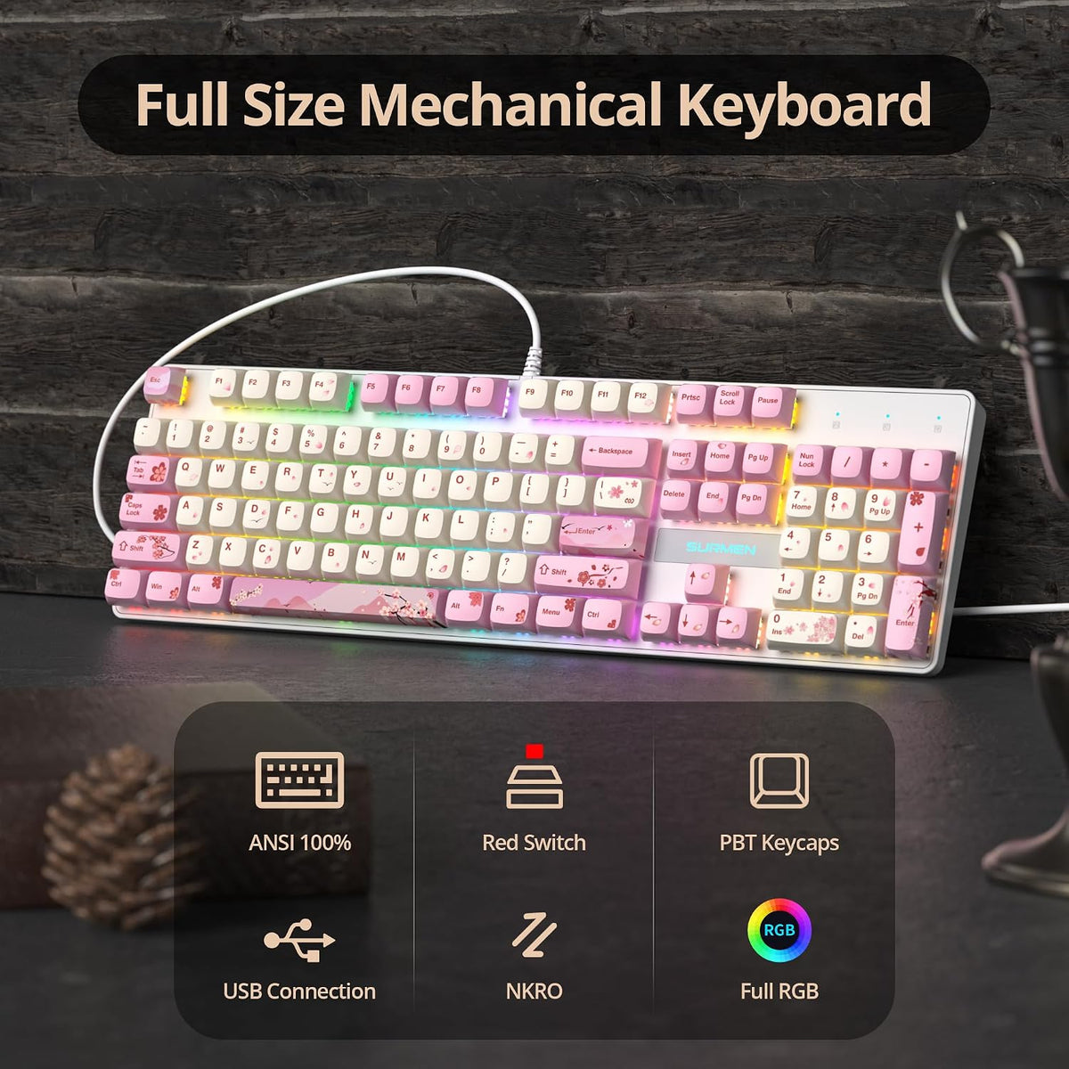 Wired Full Size Pink Mechanical Keyboard 104 Keys Creamy Keyboard with Number...