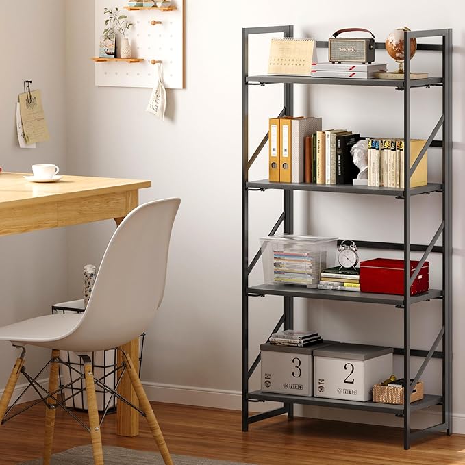 JSB No Assembly Folding Bookshelf, 4 Tier Industrial Metal Book Shelf - Image 4