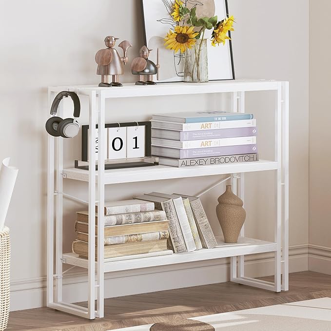 HCHQHS Bookshelf, 3-Tier Industrial Bookcase, Freestanding Horizontal - Image 2