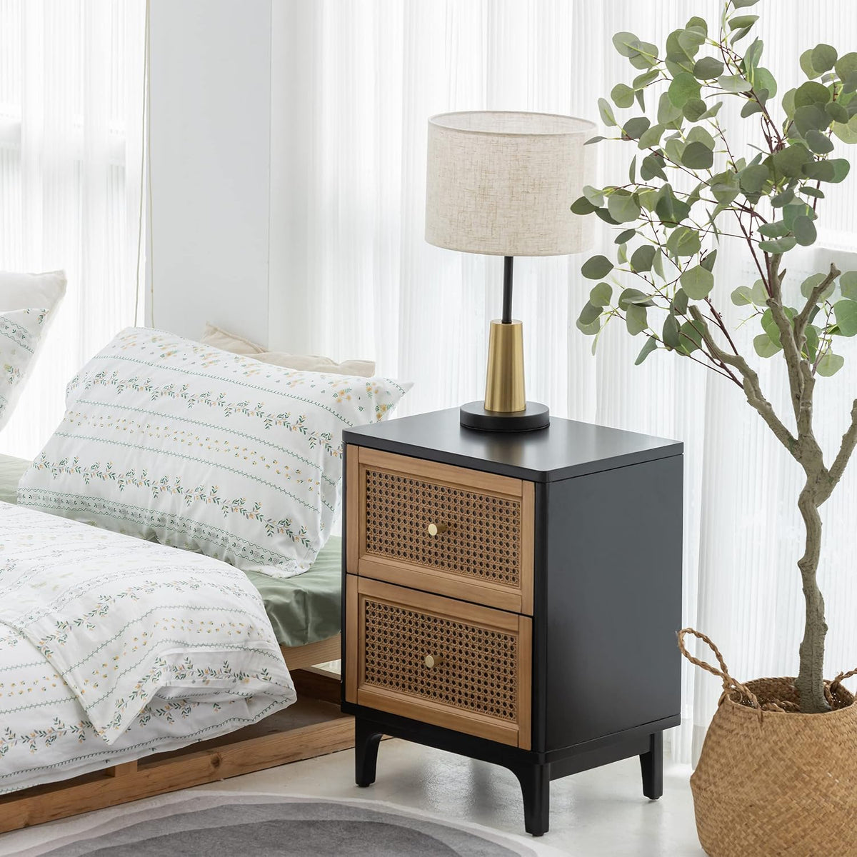COZAYH - 2 Drawer Boho Nightstand - Black Farmhouse Bedside Table