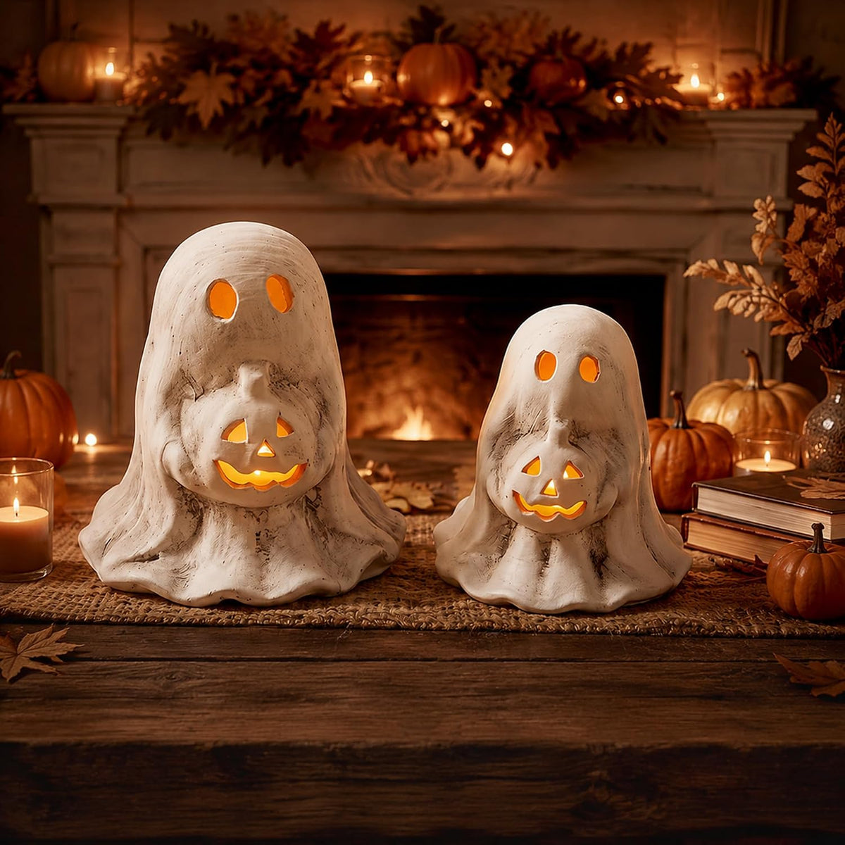 Tioncy 2 Pcs Halloween Terracotta Ghost Tealight Holder, White, Retro