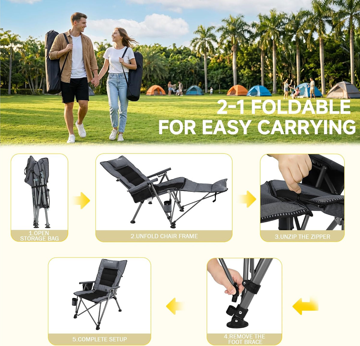 2 Pack Reclining Camping Chairs with Footrest and Pillow, 5 Position Adjustab...