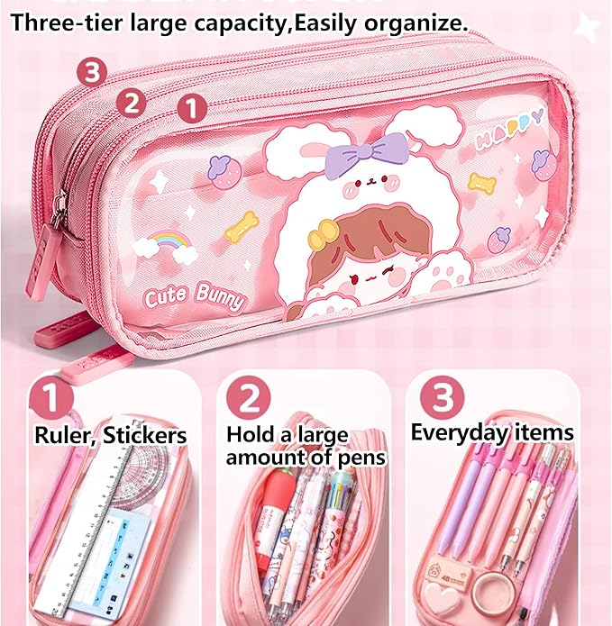 UINSUE Cute Pen case Adorable Bunny Transparent 3-Layer Large Capacity Pencil - Image 2