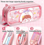 UINSUE Cute Pen case Adorable Bunny Transparent 3-Layer Large Capacity Pencil - Image 2