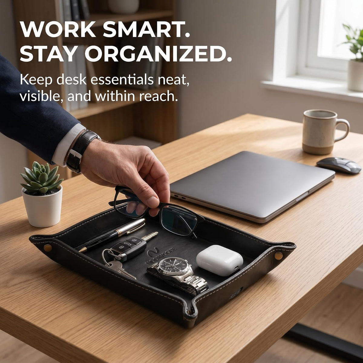 Leather Valet Tray for Men – Double Layer Genuine Leather EDC Catchall Tray O...