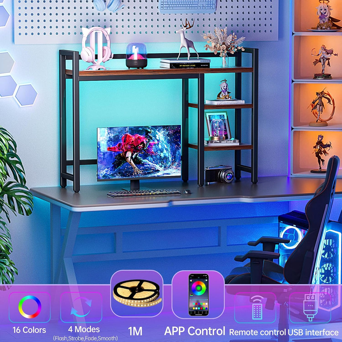 Desk Hutch with Colorful RGB Lights, 4 Tier Desk Top Shelf for Max 28" C...