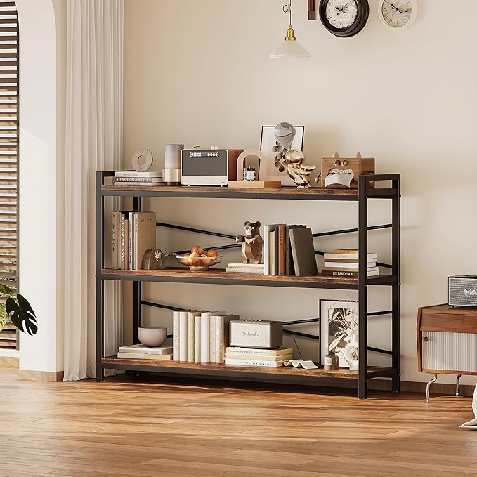 3 Tier Bookcase 47.24" Width, Long Industrial Book Shelf, Vintage Wooden Large - Image 5